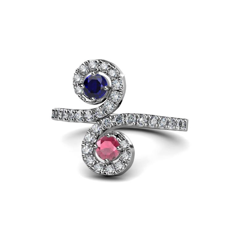 Raene Blue Sapphire and Rhodolite Garnet with Side Diamonds Bypass Ring 