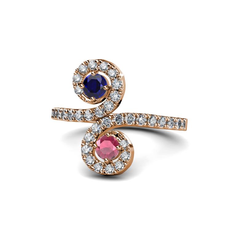 Raene Blue Sapphire and Rhodolite Garnet with Side Diamonds Bypass Ring 