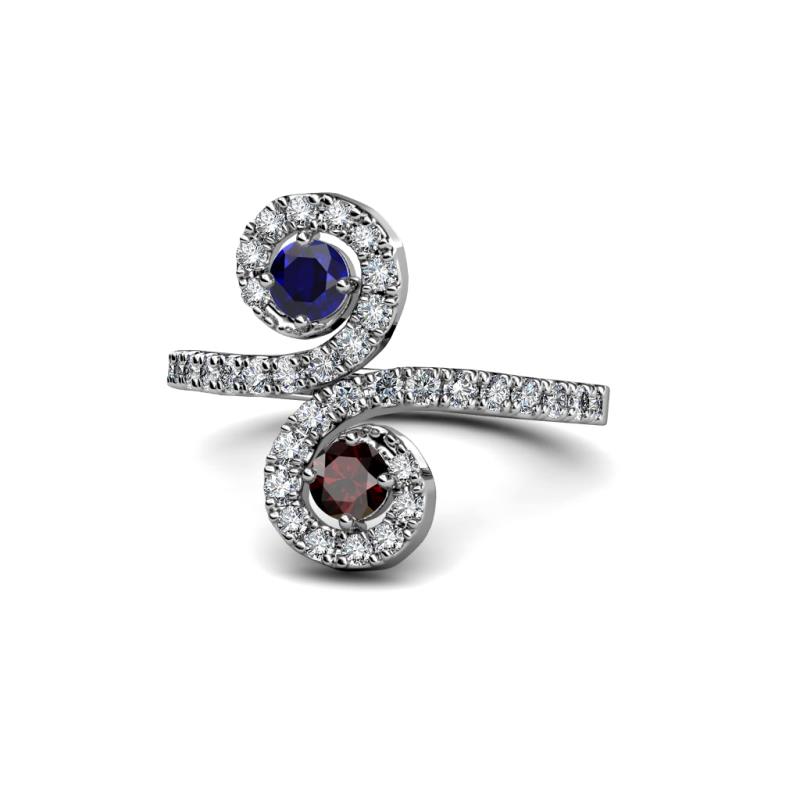 Raene Blue Sapphire and Red Garnet with Side Diamonds Bypass Ring 