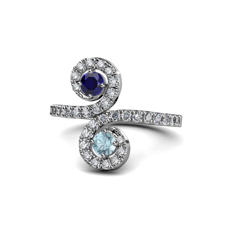 Raene Blue Sapphire and Aquamarine with Side Diamonds Bypass Ring 