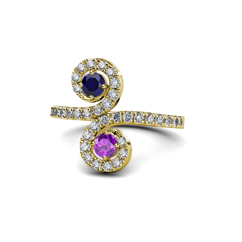 Raene Blue Sapphire and Amethyst with Side Diamonds Bypass Ring 