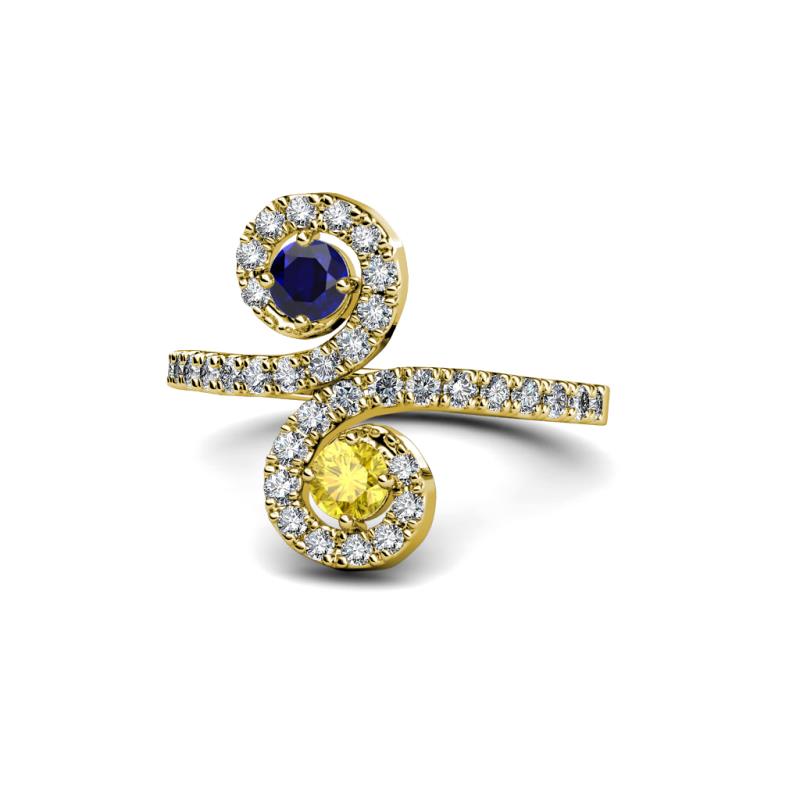 Raene Blue and Yellow Sapphire with Side Diamonds Bypass Ring 