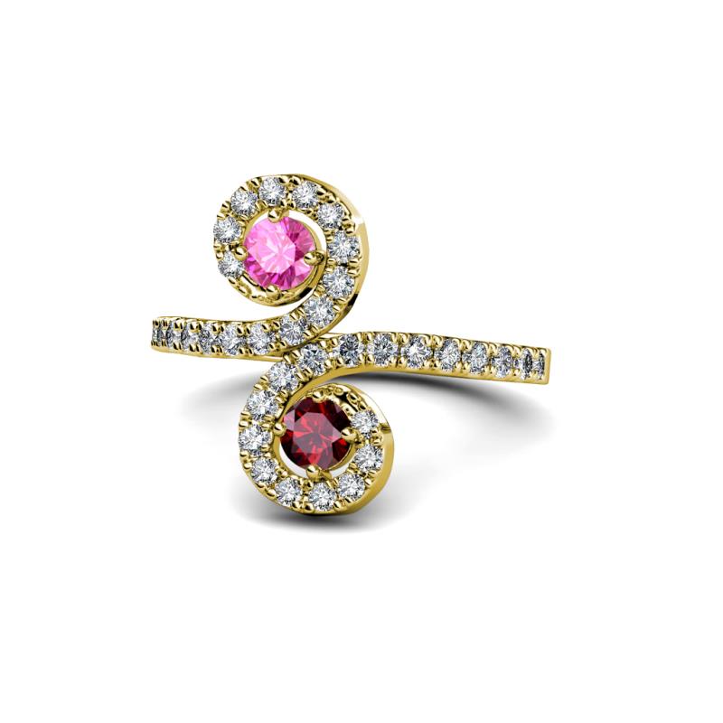 Raene Pink Sapphire and Ruby with Side Diamonds Bypass Ring 