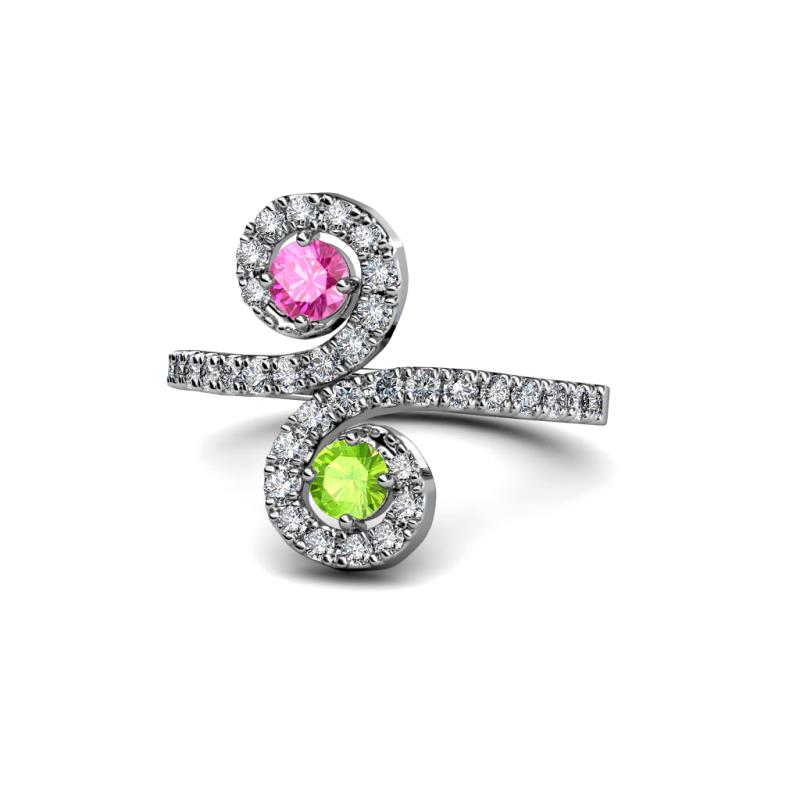 Raene Pink Sapphire and Peridot with Side Diamonds Bypass Ring 