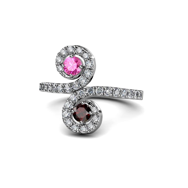 Raene Pink Sapphire and Red Garnet with Side Diamonds Bypass Ring 