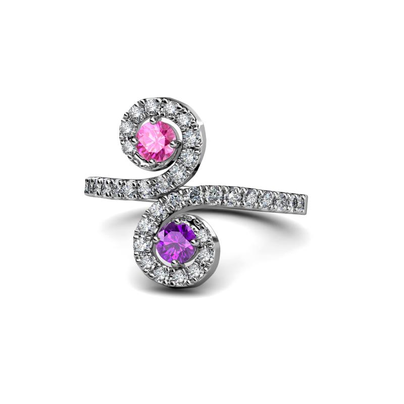 Raene Pink Sapphire and Amethyst with Side Diamonds Bypass Ring 