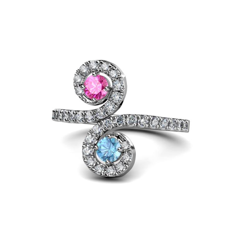 Raene Pink Sapphire and Blue Topaz with Side Diamonds Bypass Ring 