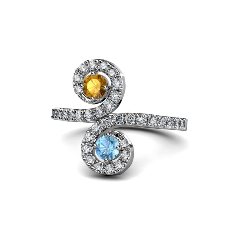 Raene Citrine and Blue Topaz with Side Diamonds Bypass Ring 