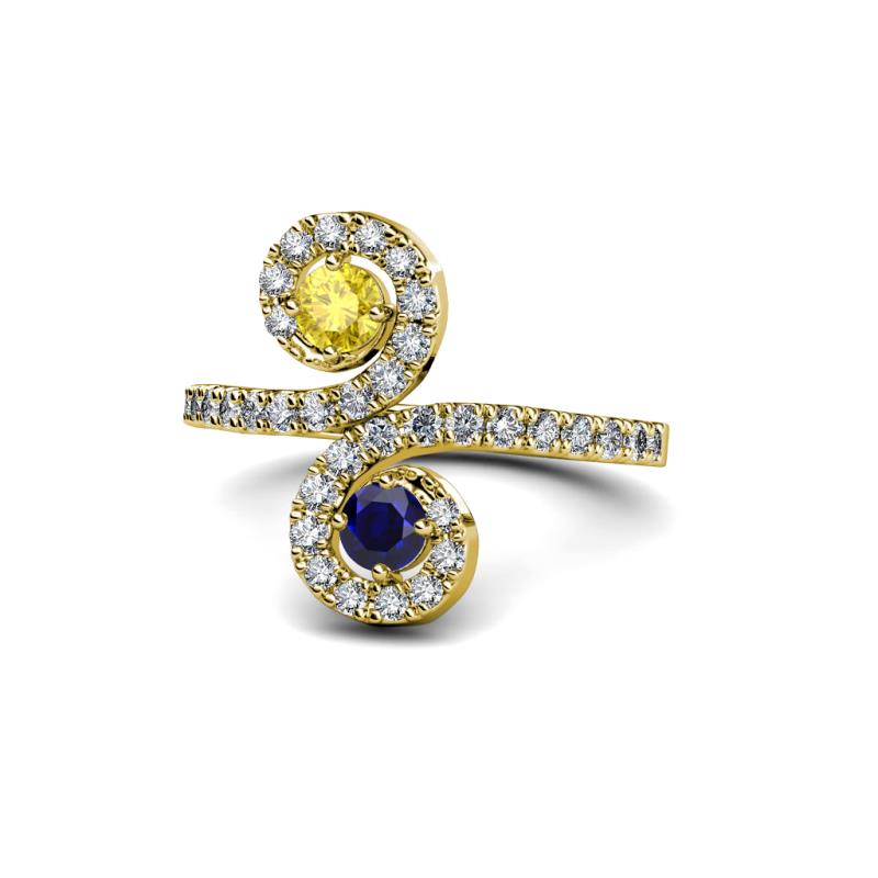 Raene Yellow and Blue Sapphire with Side Diamonds Bypass Ring 