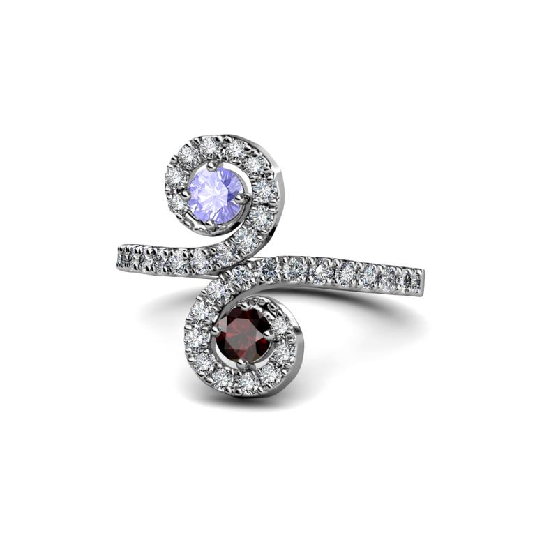 Raene Tanzanite and Red Garnet with Side Diamonds Bypass Ring 