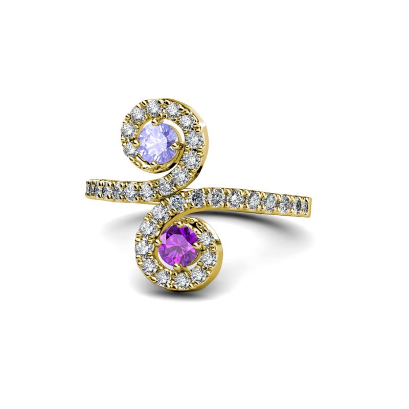 Raene Tanzanite and Amethyst with Side Diamonds Bypass Ring 