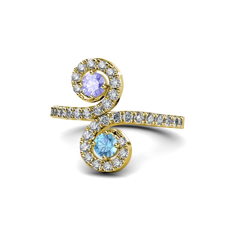 Raene Tanzanite and Blue Topaz with Side Diamonds Bypass Ring 