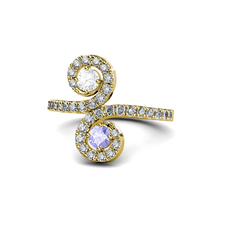 Raene White Sapphire and Tanzanite with Side Diamonds Bypass Ring 