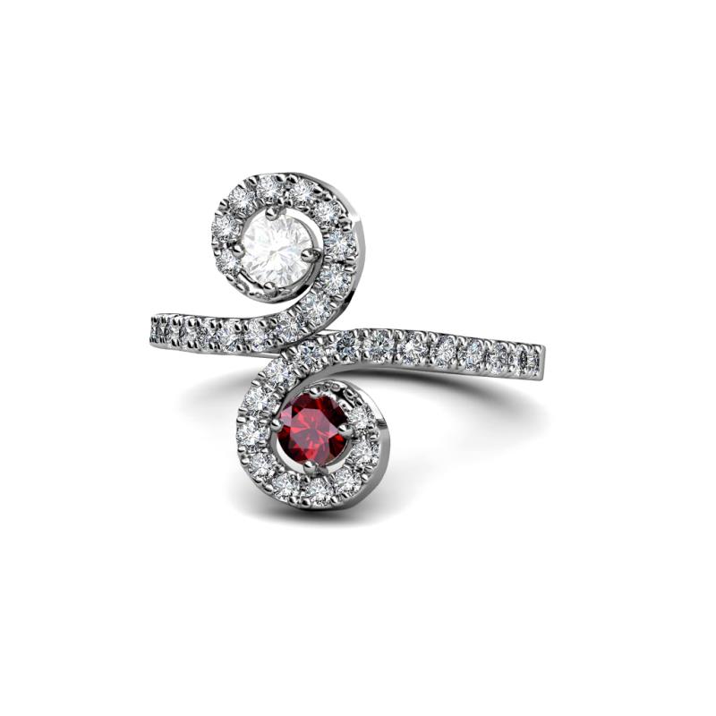 Raene White Sapphire and Ruby with Side Diamonds Bypass Ring 