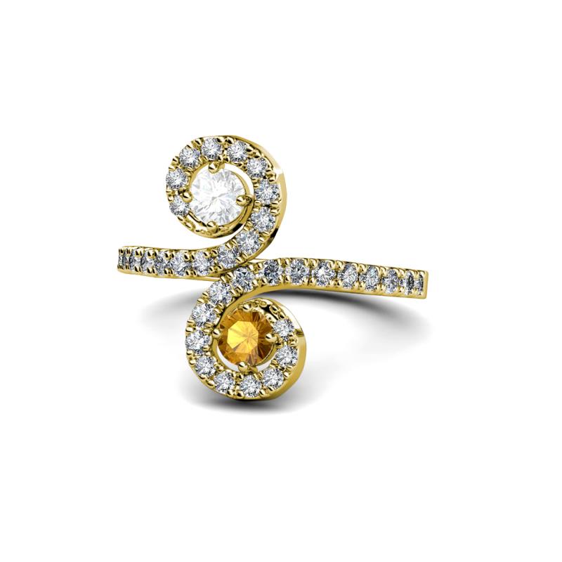 Raene White Sapphire and Citrine with Side Diamonds Bypass Ring 