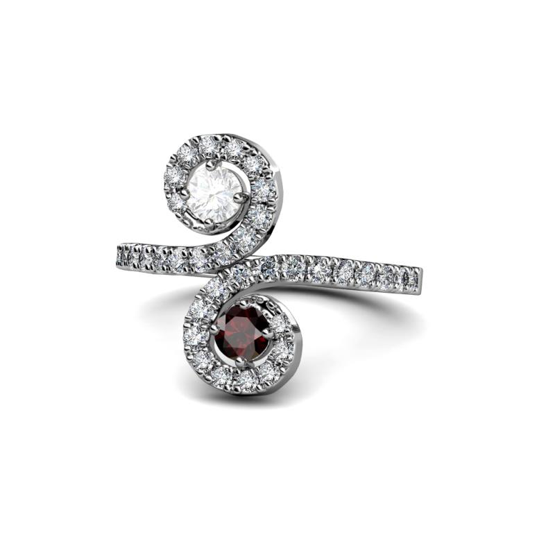 Raene White Sapphire and Red Garnet with Side Diamonds Bypass Ring 