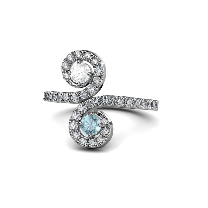 Raene White Sapphire and Aquamarine with Side Diamonds Bypass Ring 