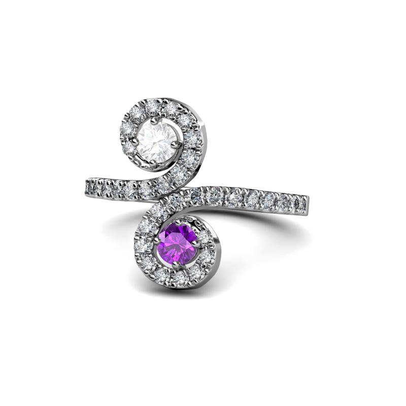 Raene White Sapphire and Amethyst with Side Diamonds Bypass Ring 