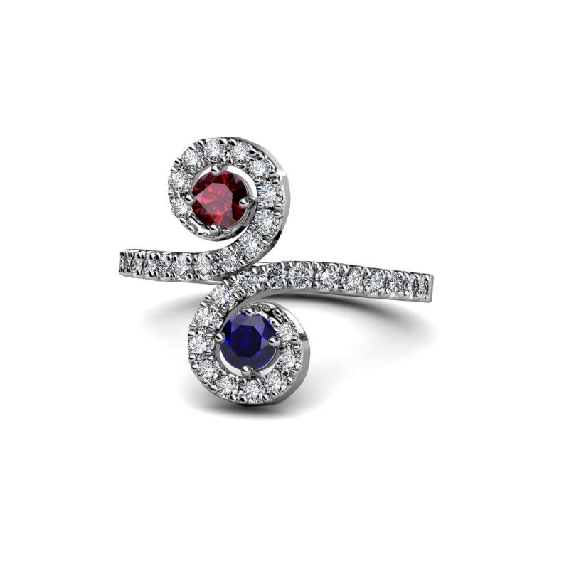 Raene Ruby and Blue Sapphire with Side Diamonds Bypass Ring 