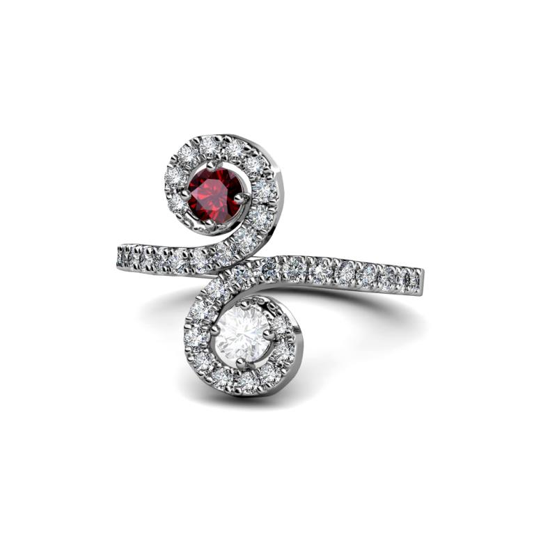 Raene Ruby and White Sapphire with Side Diamonds Bypass Ring 