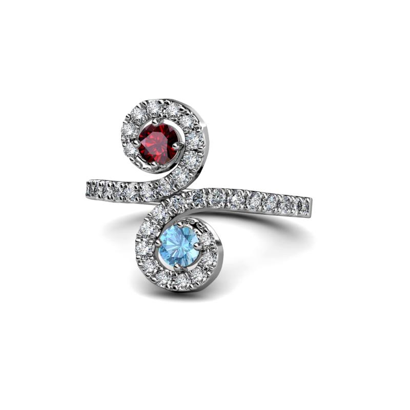 Raene Ruby and Blue Topaz with Side Diamonds Bypass Ring 