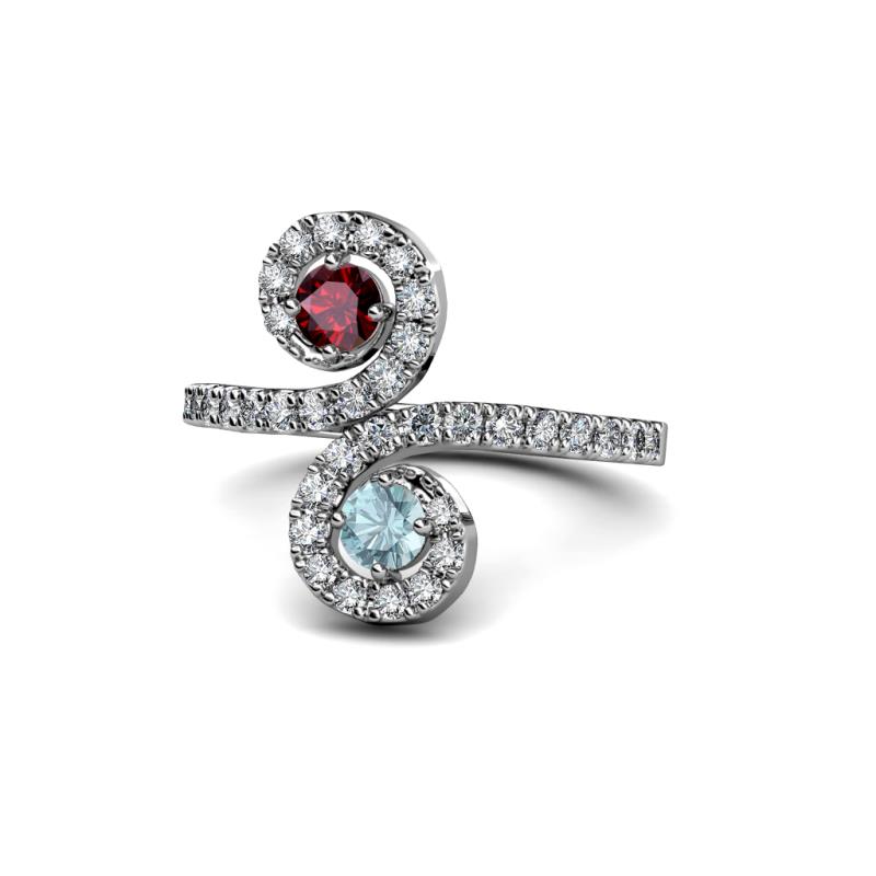 Raene Ruby and Aquamarine with Side Diamonds Bypass Ring 