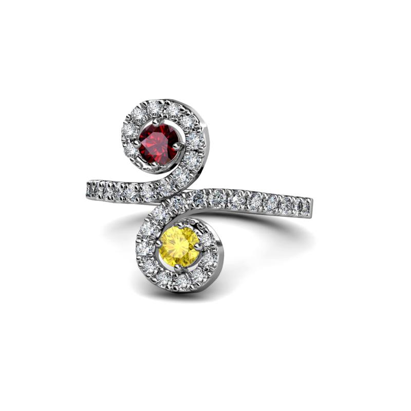 Raene Ruby and Yellow Sapphire with Side Diamonds Bypass Ring 