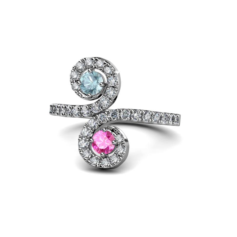 Raene Aquamarine and Pink Sapphire with Side Diamonds Bypass Ring 