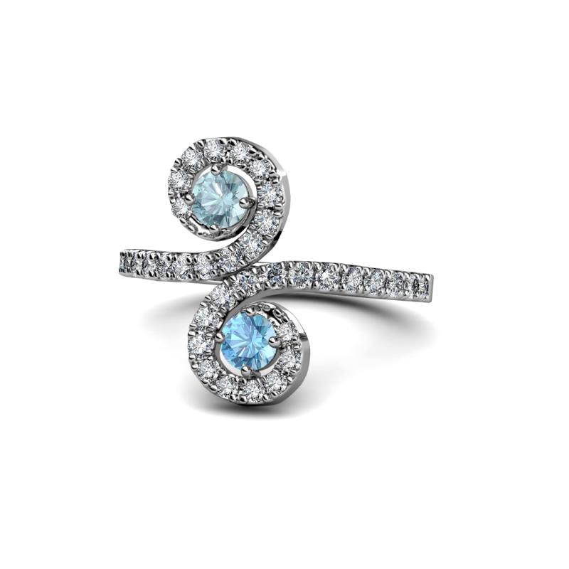 Raene Aquamarine and Blue Topaz with Side Diamonds Bypass Ring 