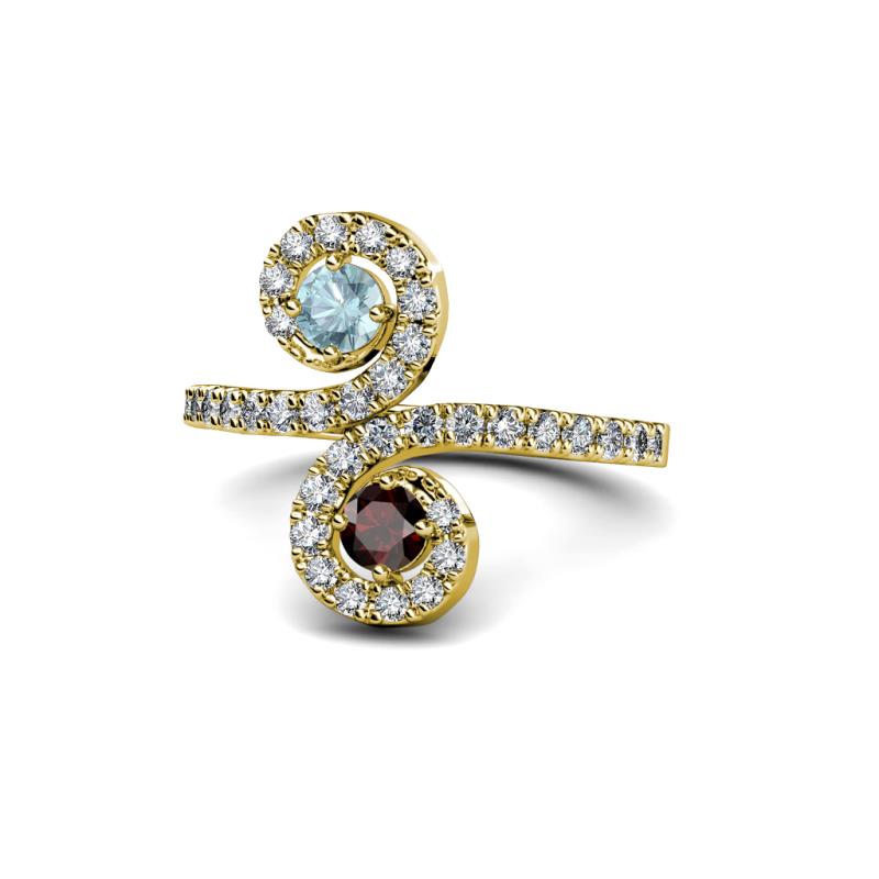 Raene Aquamarine and Red Garnet with Side Diamonds Bypass Ring 