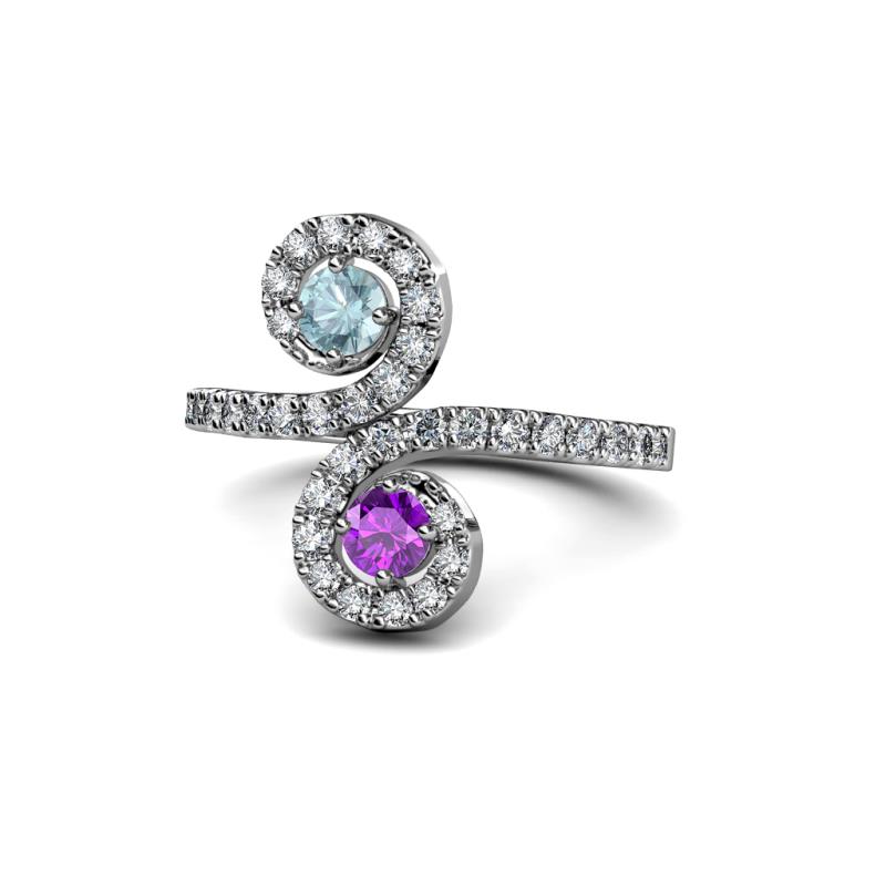 Raene Aquamarine and Amethyst with Side Diamonds Bypass Ring 
