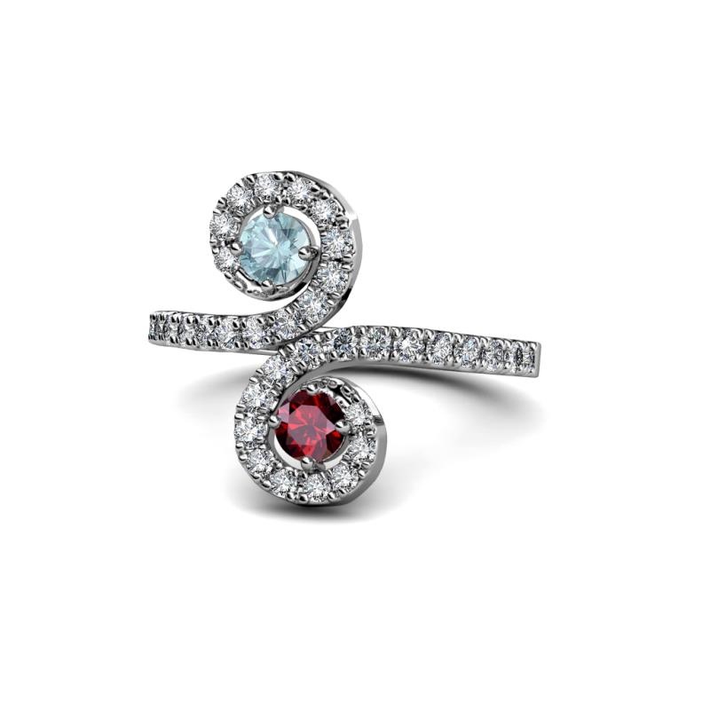 Raene Aquamarine and Ruby with Side Diamonds Bypass Ring 