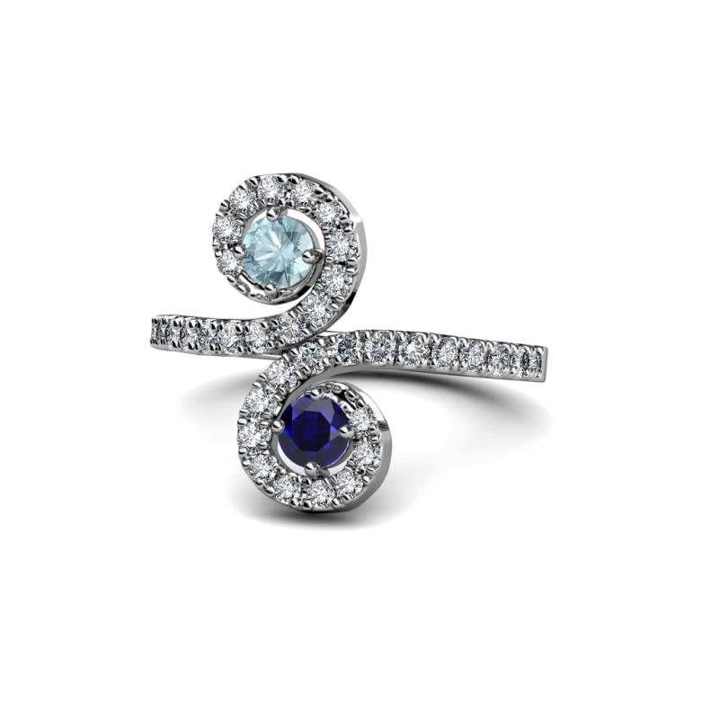 Raene Aquamarine and Blue Sapphire with Side Diamonds Bypass Ring 