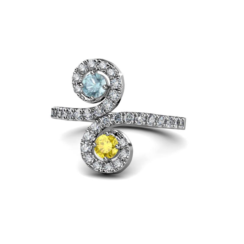 Raene Aquamarine and Yellow Sapphire with Side Diamonds Bypass Ring 