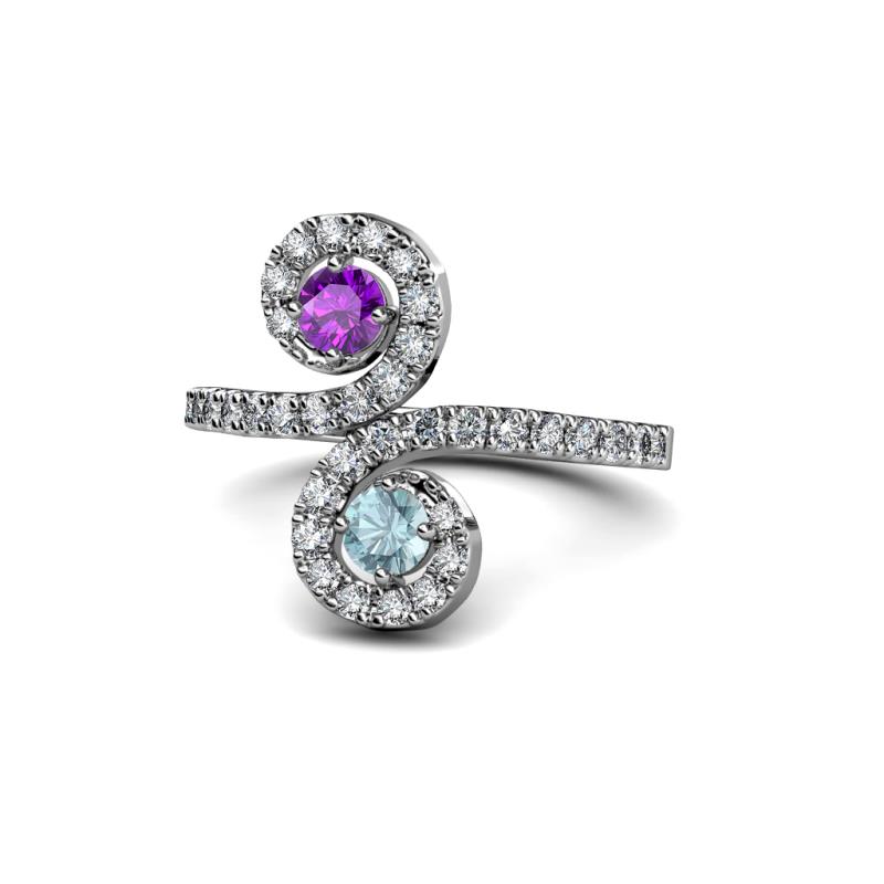 Raene Amethyst and Aquamarine with Side Diamonds Bypass Ring 