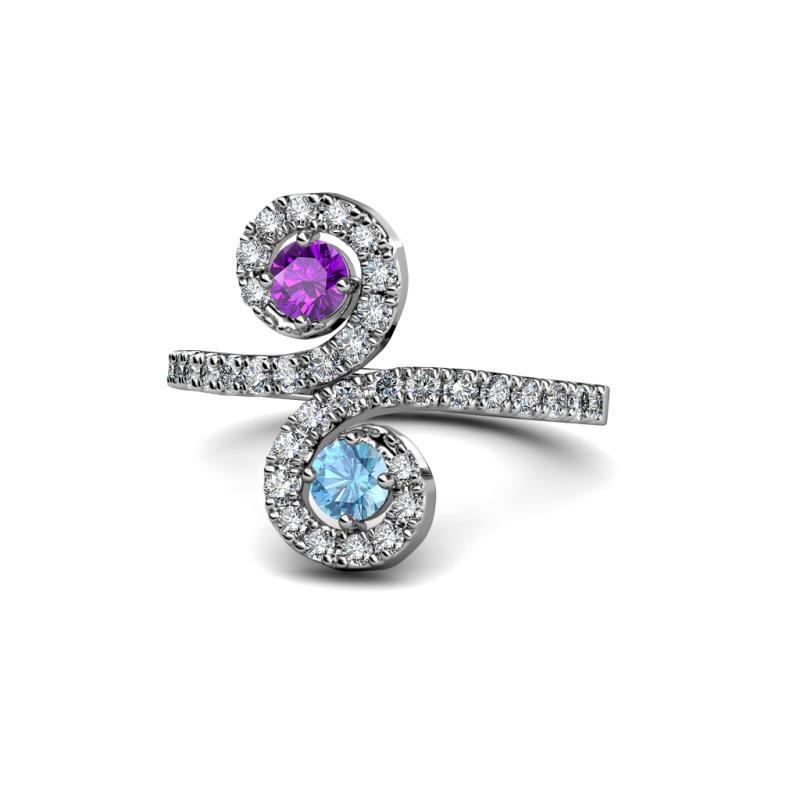 Raene Amethyst and Blue Topaz with Side Diamonds Bypass Ring 