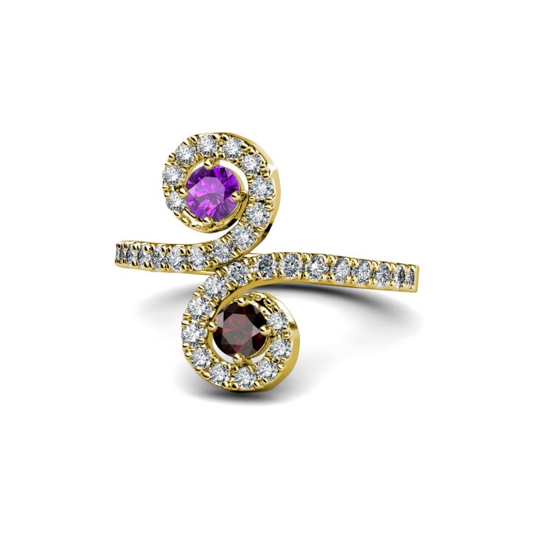 Raene Amethyst and Red Garnet with Side Diamonds Bypass Ring 