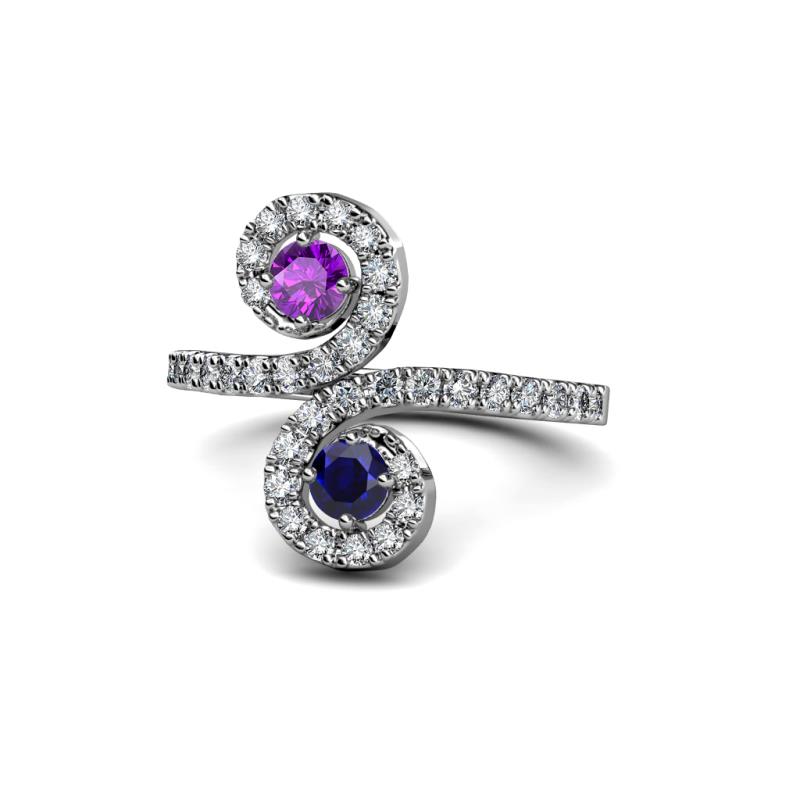 Raene Amethyst and Blue Sapphire with Side Diamonds Bypass Ring 