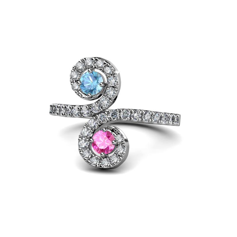 Raene Blue Topaz and Pink Sapphire with Side Diamonds Bypass Ring 