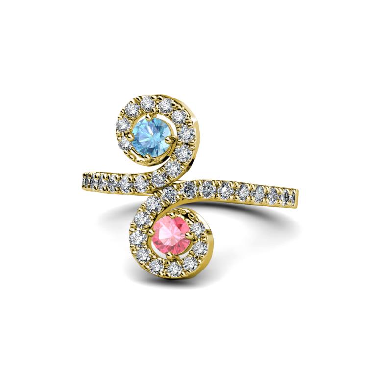 Raene Blue Topaz and Pink Tourmaline with Side Diamonds Bypass Ring 