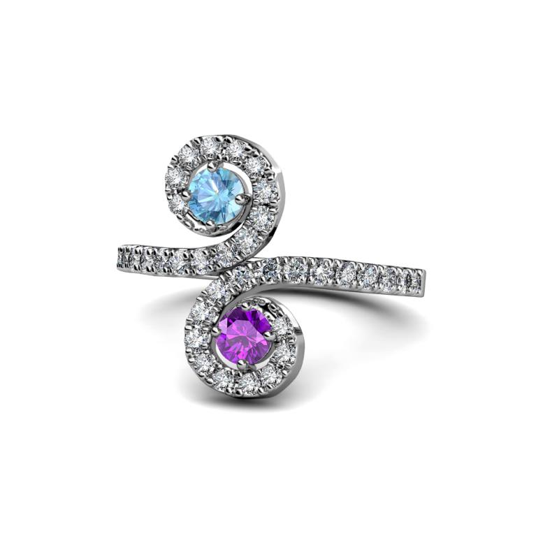 Raene Blue Topaz and Amethyst with Side Diamonds Bypass Ring 