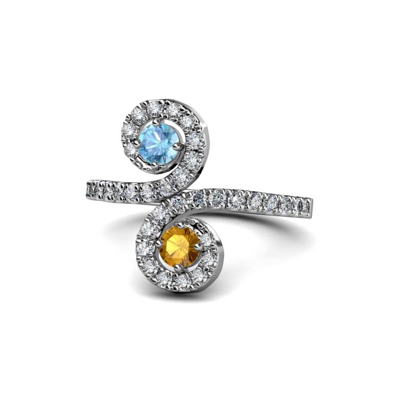 Raene Blue Topaz and Citrine with Side Diamonds Bypass Ring 