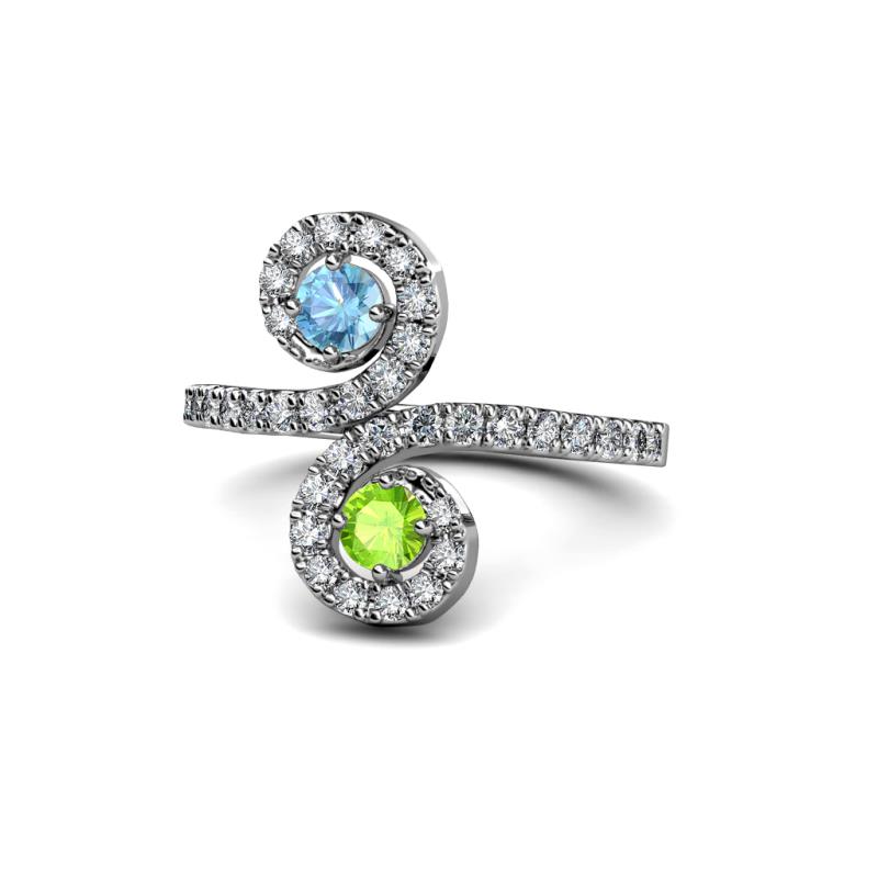 Raene Blue Topaz and Peridot with Side Diamonds Bypass Ring 