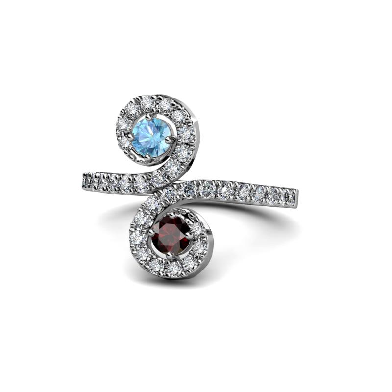 Raene Blue Topaz and Red Garnet with Side Diamonds Bypass Ring 