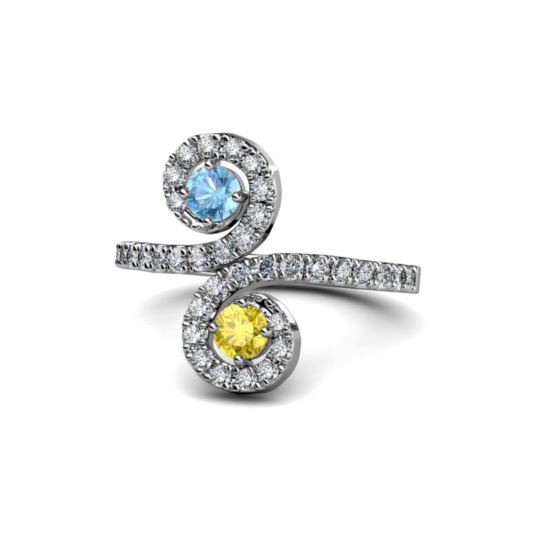 Raene Blue Topaz and Yellow Sapphire with Side Diamonds Bypass Ring 
