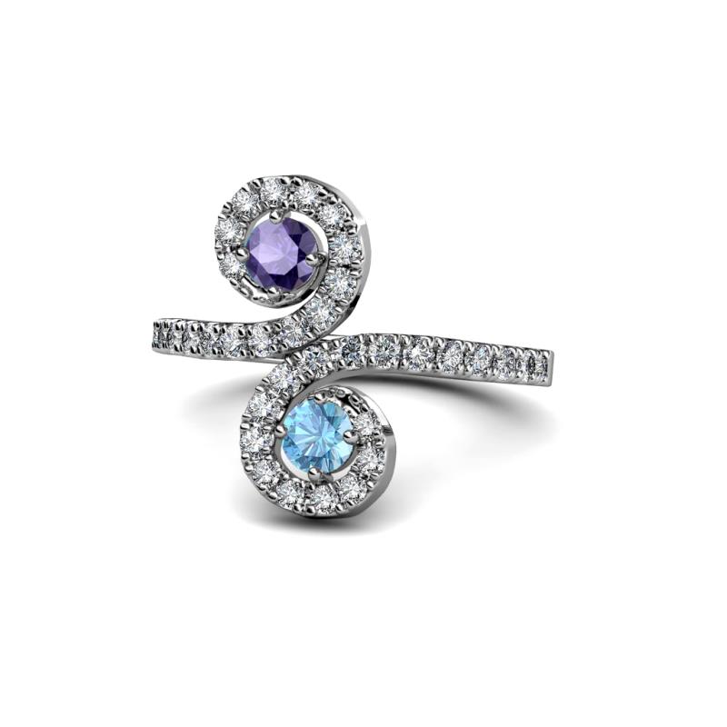 Raene Iolite and Blue Topaz with Side Diamonds Bypass Ring 
