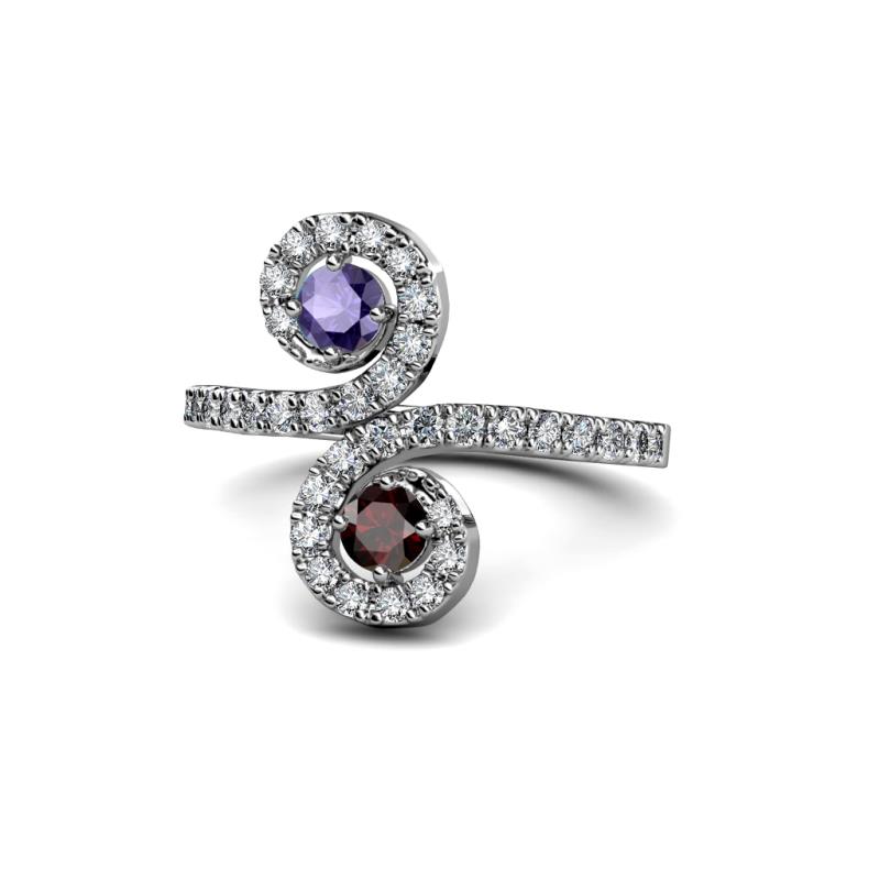 Raene Iolite and Red Garnet with Side Diamonds Bypass Ring 