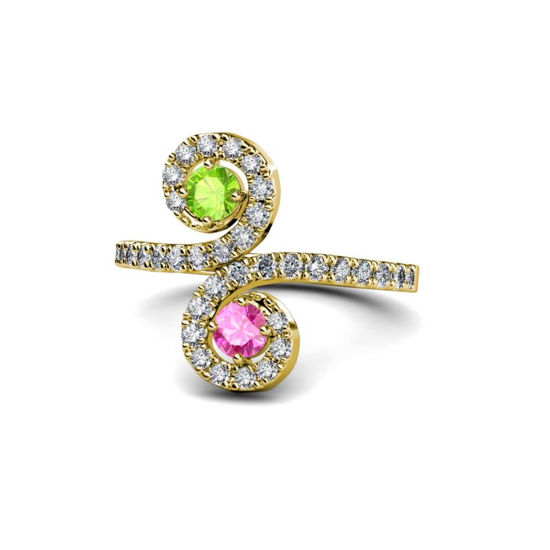 Raene Peridot and Pink Sapphire with Side Diamonds Bypass Ring 