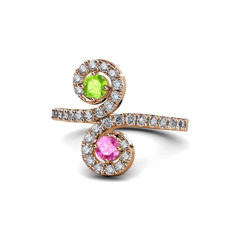 Raene Peridot and Pink Sapphire with Side Diamonds Bypass Ring 
