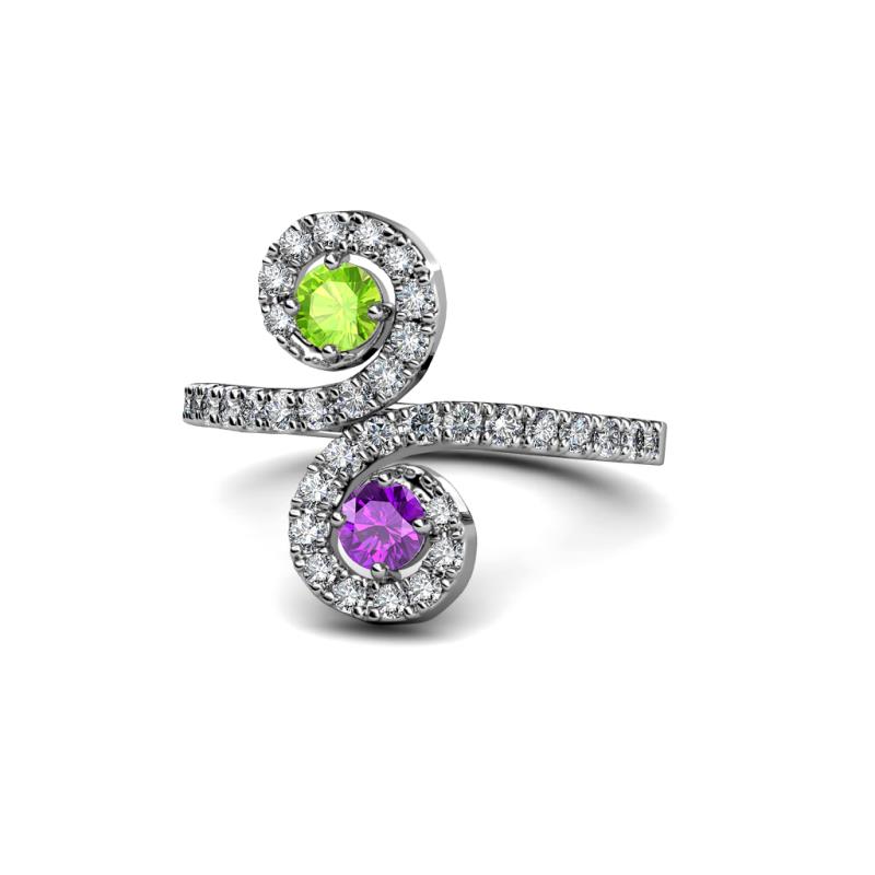 Raene Peridot and Amethyst with Side Diamonds Bypass Ring 